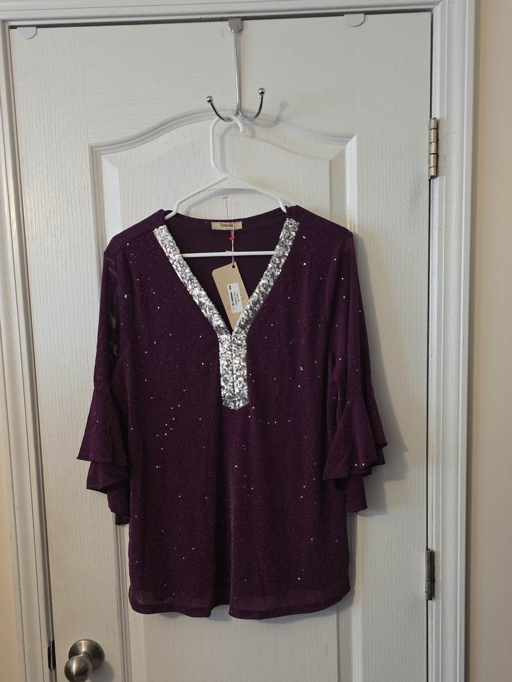 Timeson Sparkle V-Neck Ruffle Sleeve Top - Purple